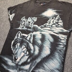 Vintage 1994 Nancy Blevins All Over Print Wolf Tee Hanes Beefy T Large USA